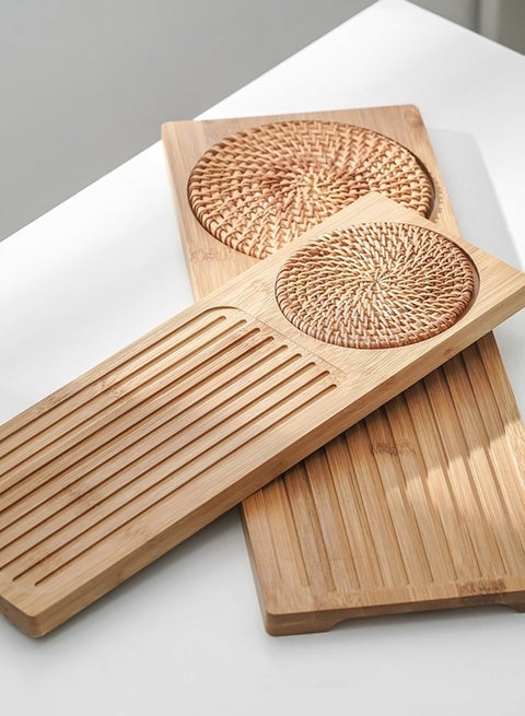 Homestetic Natural Bamboo Tea Serving Tray with Rattan Mat - Arabic Tea & Coffee Platter for Middle Eastern Hospitality, Cafes, Restaurants, and Home Majlis
