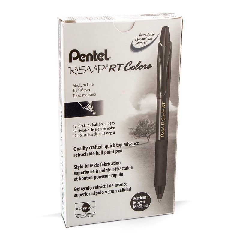 Pentel RSVP RT COLORS Retractable Ball Point Pen, Medium Line, Black Barrel, Black Ink, Box of 12 (BK93CRA-A) - Image 1