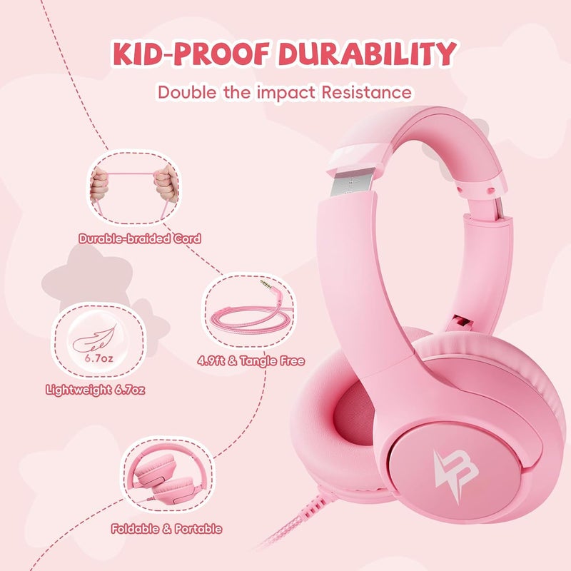 Botesty Sound Kids Headphones with Cord, 85/94dB Volume Limit, Wired Over-Ear Girls Headphones for Kids with Microphone Stereo Sound 3.5mm Plug Lightweight for Kindle Tablet School Airplane Travel, Pink - Image 4