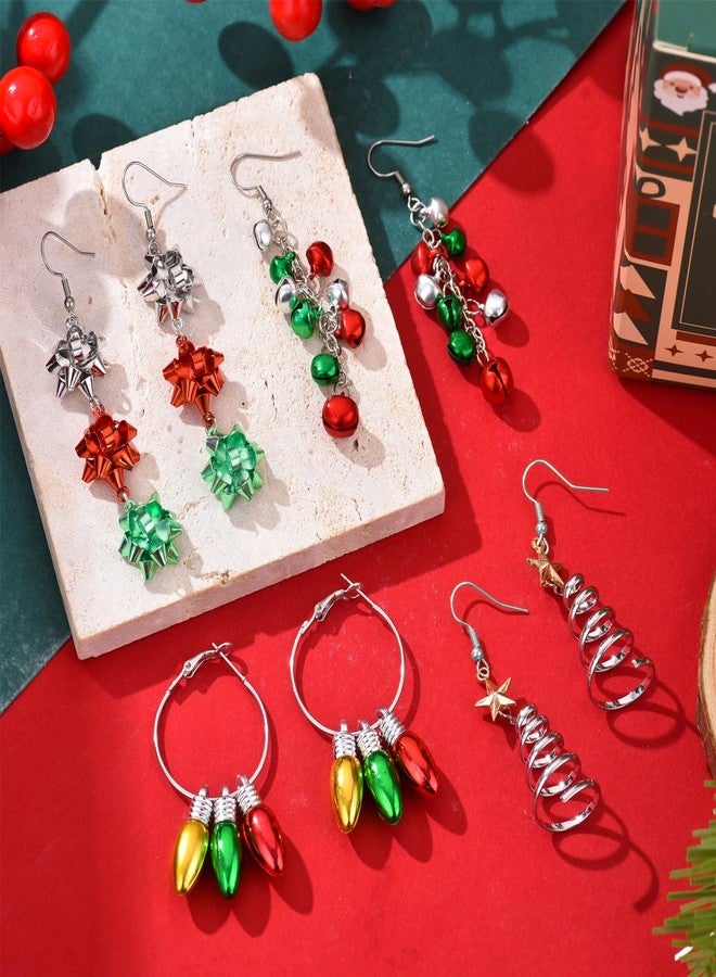WanBigVa 4 Pairs Christmas Dangle Earrings for Women Holiday Earrings Bulk Christmas Tree Bell Bow Light Bulbs Hoop Earrings for Women Xmas Festival Jewelry Gift - Image 2