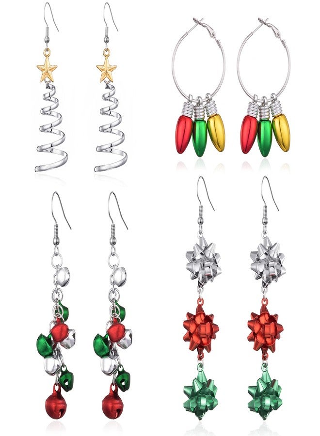 WanBigVa 4 Pairs Christmas Dangle Earrings for Women Holiday Earrings Bulk Christmas Tree Bell Bow Light Bulbs Hoop Earrings for Women Xmas Festival Jewelry Gift - Image 1
