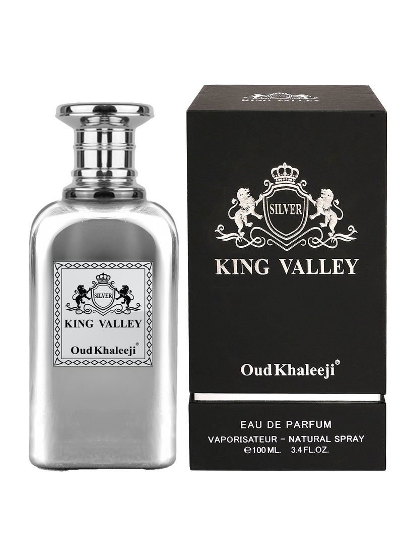 King Valley Silver Eau De Parfum 100ML | Arabic Perfume for Men | Long Lasting Oud & Amber Scent | Gents Fragrance | Fresh, Fruity, Woody Perfume