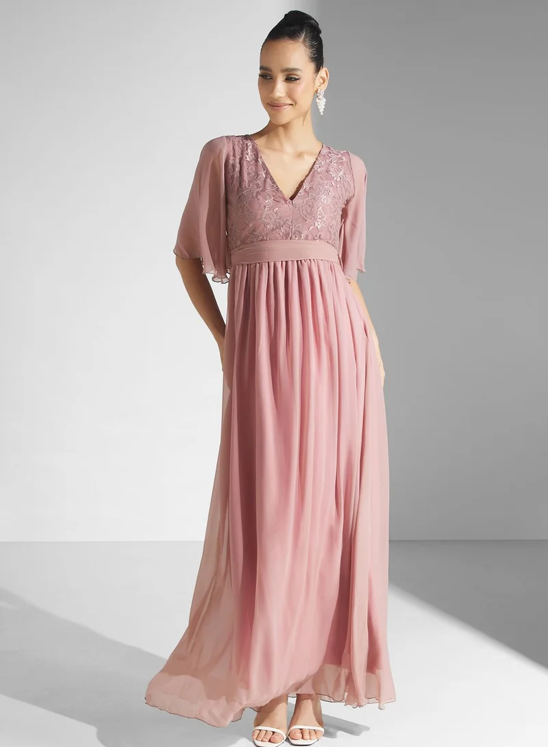 Golden Apple Flared Sleeve Belted Dress