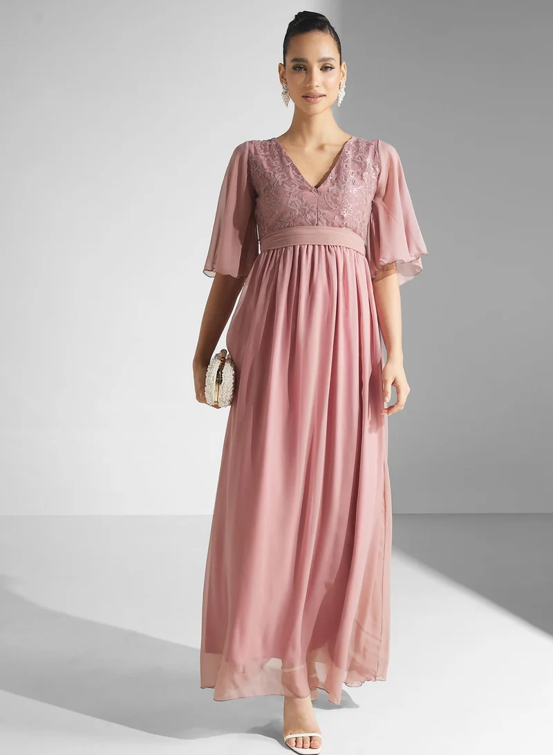 Golden Apple Flared Sleeve Belted Dress