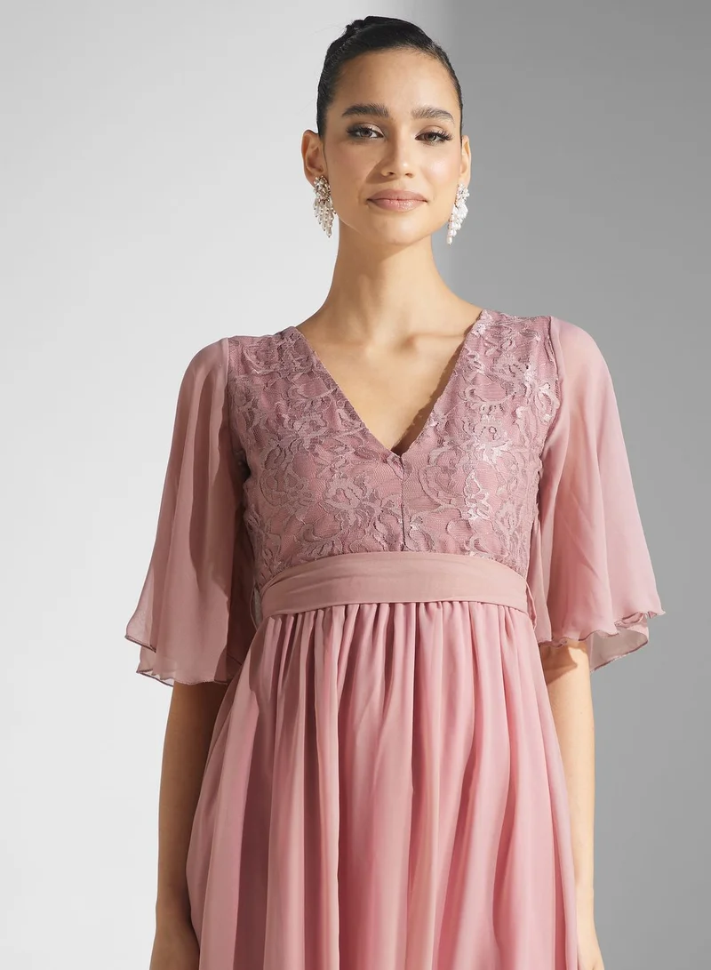 Golden Apple Flared Sleeve Belted Dress