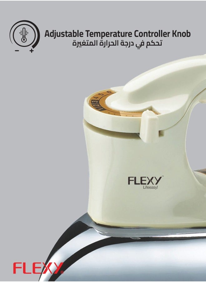Flexy - Automatic Dry Iron: Super Deluxe Heavy Weight Iron Box with Temperature Settings Dial, Auto Shut Off Function, and Teflon Coating - Suitable for All Fabrics - White/Golden (2.5 kg, 1200 W) - Image 1