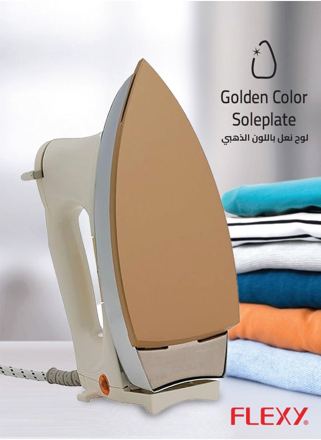 Flexy - Automatic Dry Iron: Super Deluxe Heavy Weight Iron Box with Temperature Settings Dial, Auto Shut Off Function, and Teflon Coating - Suitable for All Fabrics - White/Golden (2.5 kg, 1200 W) - Image 1