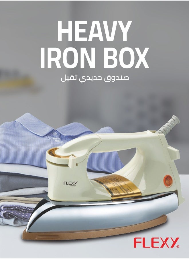 Flexy - Automatic Dry Iron: Super Deluxe Heavy Weight Iron Box with Temperature Settings Dial, Auto Shut Off Function, and Teflon Coating - Suitable for All Fabrics - White/Golden (2.5 kg, 1200 W) - Image 1