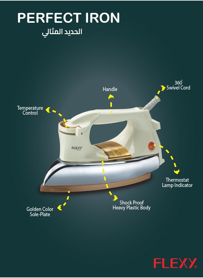 Flexy - Automatic Dry Iron: Super Deluxe Heavy Weight Iron Box with Temperature Settings Dial, Auto Shut Off Function, and Teflon Coating - Suitable for All Fabrics - White/Golden (2.5 kg, 1200 W) - Image 1