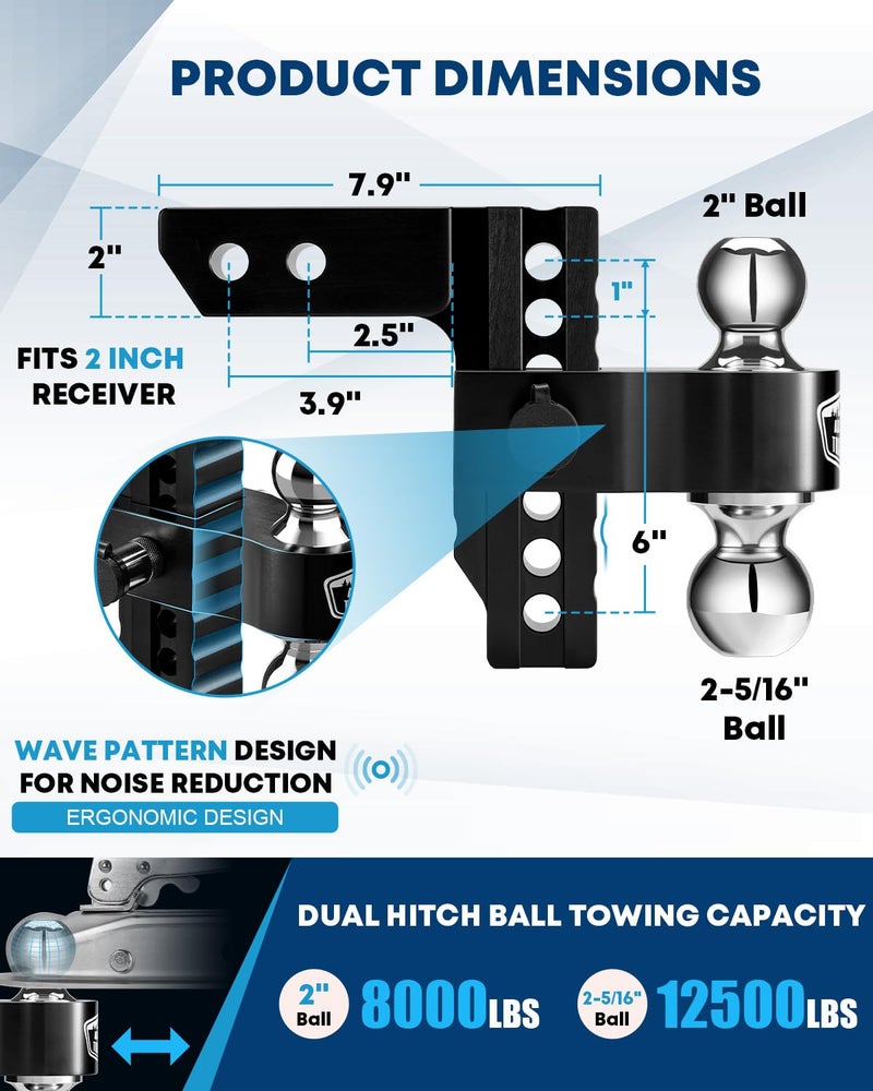 Kohree 6" Adjustable Trailer Hitch Fit 2 Inch Receiver, Dual Solid Ball 2" and 2-5/16"(12,500 LBS GTW), Drop & Rise Heavy Duty Aluminum Tow Hitch with 4 Silencer Pads & 2 Locking Hitch Pin, Black - Image 2