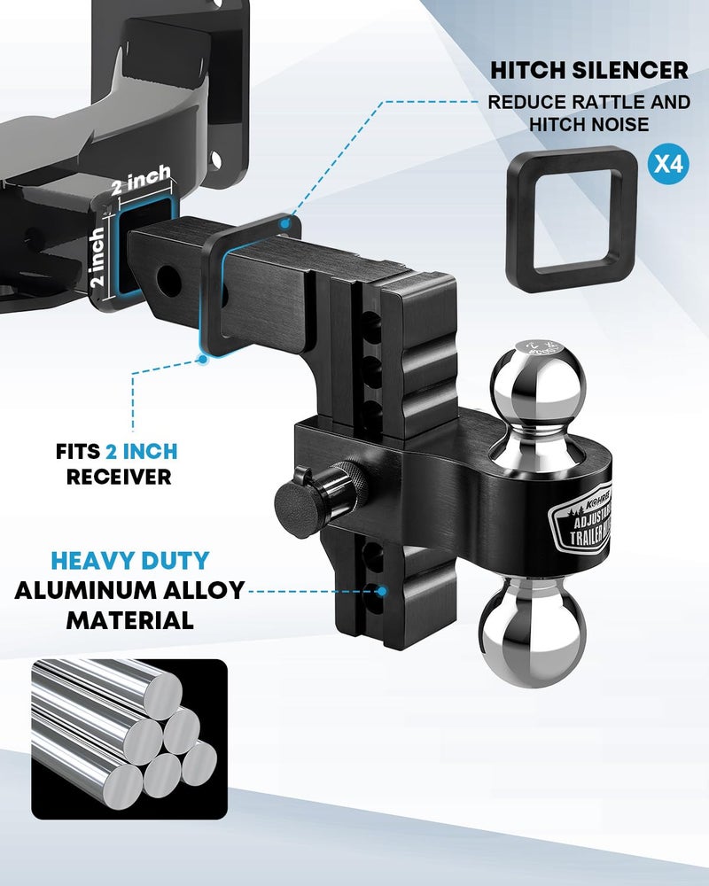Kohree 6" Adjustable Trailer Hitch Fit 2 Inch Receiver, Dual Solid Ball 2" and 2-5/16"(12,500 LBS GTW), Drop & Rise Heavy Duty Aluminum Tow Hitch with 4 Silencer Pads & 2 Locking Hitch Pin, Black - Image 3