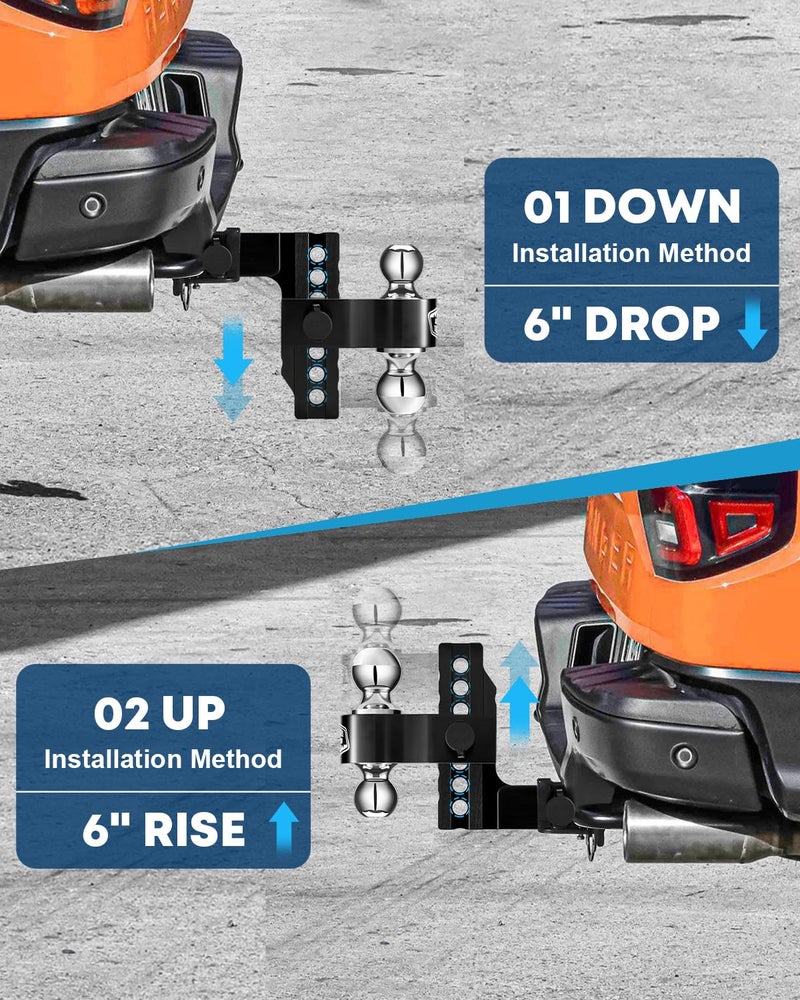 Kohree 6" Adjustable Trailer Hitch Fit 2 Inch Receiver, Dual Solid Ball 2" and 2-5/16"(12,500 LBS GTW), Drop & Rise Heavy Duty Aluminum Tow Hitch with 4 Silencer Pads & 2 Locking Hitch Pin, Black - Image 5