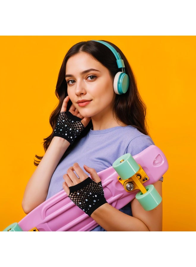 Short Black Fishnet Gloves Fingerless Fish Net Gloves with Rhinestone, Stretch Breathable Mesh Glove for Women,80s Costume Goth Halloween, Cosplay and Party - Image 5