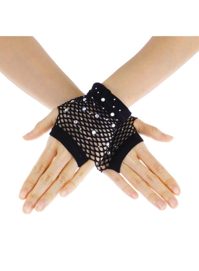 Short Black Fishnet Gloves Fingerless Fish Net Gloves with Rhinestone, Stretch Breathable Mesh Glove for Women,80s Costume Goth Halloween, Cosplay and Party - Image 2