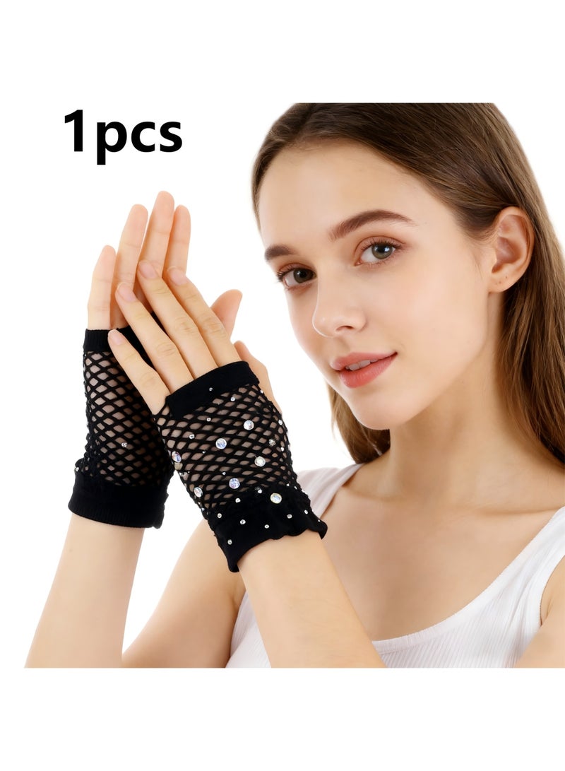 Short Black Fishnet Gloves Fingerless Fish Net Gloves with Rhinestone, Stretch Breathable Mesh Glove for Women,80s Costume Goth Halloween, Cosplay and Party - Image 1