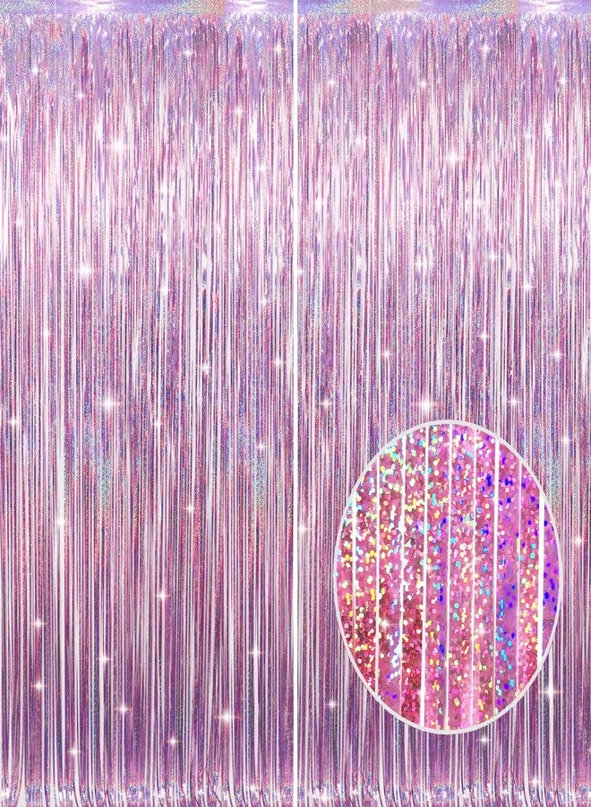 GOER 2 Pack 3.2 ft x 8.2 ft Metallic Tinsel Foil Fringe Curtains Party Photo Backdrop Party Streamers for Birthday,Graduation,New Year Eve Decorations Wedding Decor (Laser Pink) - Image 1