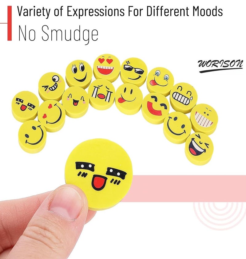 Worison 24pc Round Shape Smiley Emoji Erasers with Multiple Expressions - Image 2