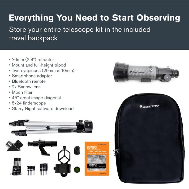 Celestron Travel Scope 70DX Portable Refractor Telescope â€“ 70mm Aperture, Fully-Coated Glass Optics â€“ Includes Bonus Phone Adapter, Backpack & More â€“ Ideal for Beginners & Travel - Image 3