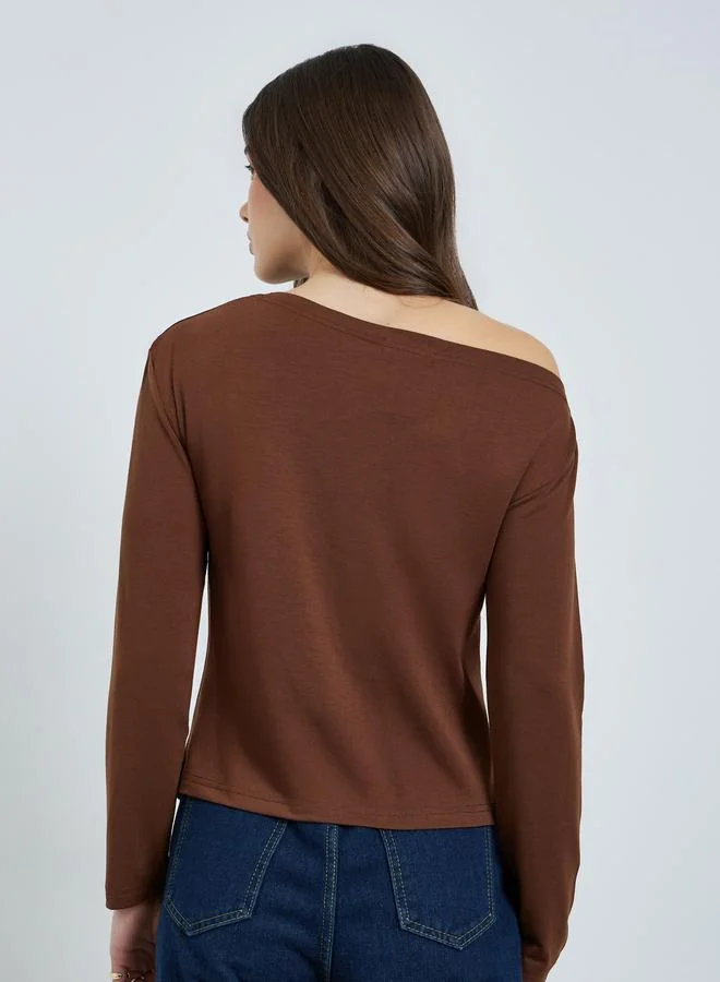 Styli  Brown Asymmetric Neck Knit Top for Women | Best Price UAE