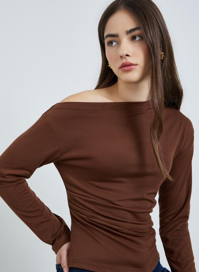 Styli Brown Asymmetric Neck Knit Top - Image 2