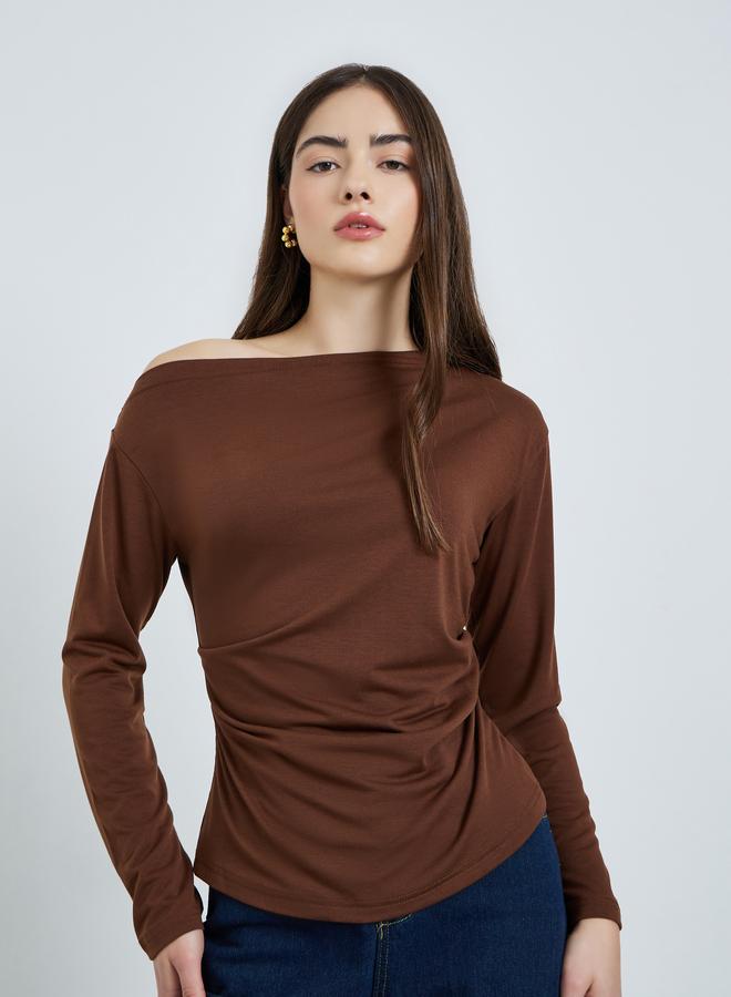 Styli Brown Asymmetric Neck Knit Top - Image 1