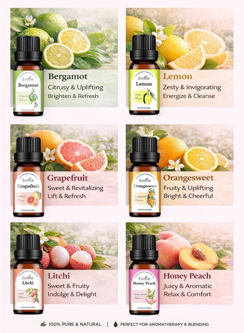 Estone Home Aromatherapy & Family Gifting – Natural Fruity Essential Oil Gift Set 6 × 10ml – Bergamot, Lemon, Grapefruit, Sweet Orange, Lychee & Honey Peach - Image 3