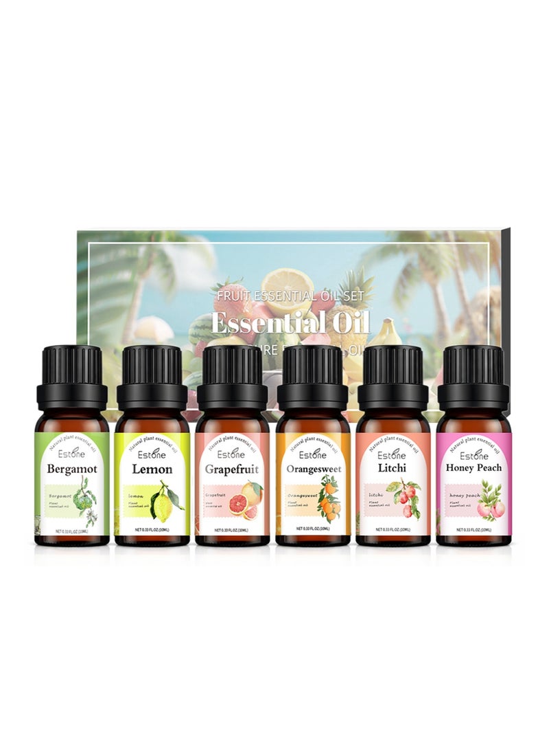 Estone Home Aromatherapy & Family Gifting – Natural Fruity Essential Oil Gift Set 6 × 10ml – Bergamot, Lemon, Grapefruit, Sweet Orange, Lychee & Honey Peach - Image 1
