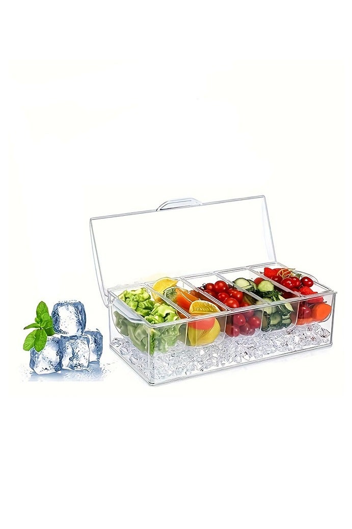 HOMESTAR Ice Chilled 5 Compartment Condiment Server Caddy - Serving Tray Container with 5 Removable Dishes with Over 2 Cup Capacity Each and Hinged Lid | 5 Serving Spoons + 2 Tongs Included - Image 1