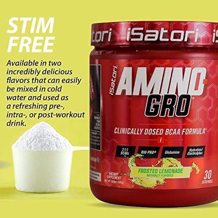 iSatori Amino-GRO BCAA Powder, Branched Chain Amino Acids with Glutamine, Electrolyte Powder & Bio-GRO Bio-Active Peptides for Muscle Growth & Post Workout Recovery, Frosted Lemonade (30 Servings) - Image 2