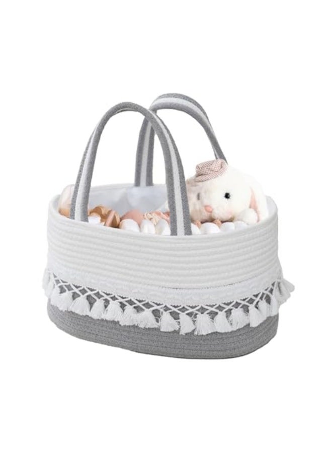 Nadrab Diaper Caddy Basket for Baby,Tassel Nursery Storage Basket,Portable Holder Tote Bag,Cotton Rope Baby Storage Basket with Removable Divider,Newborn Holder for Baby Shower (B) - Image 1