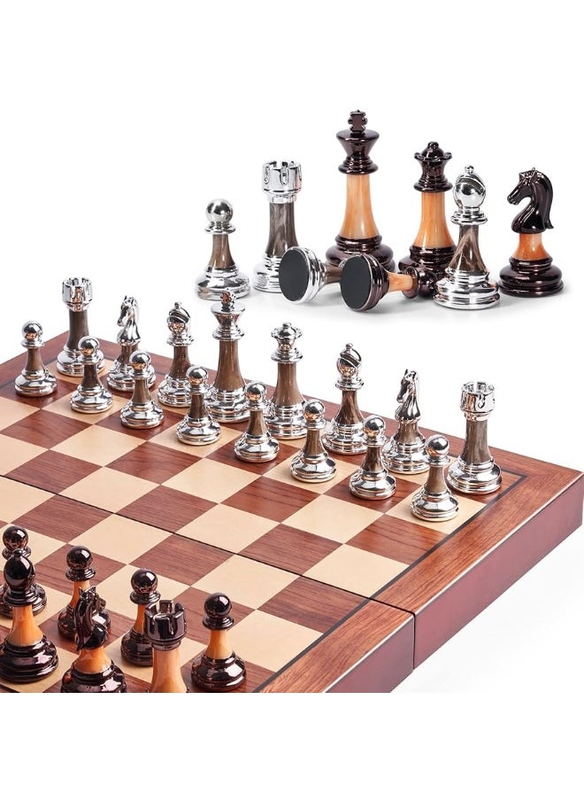 Vamslove Chess Set Large 16''/42cm Folding Wooden Board with Deluxe Weighted Acrylic Chess Pieces - 3.5" King with Storage Slots for Adults House Warming Retirement Gift  - Image 5