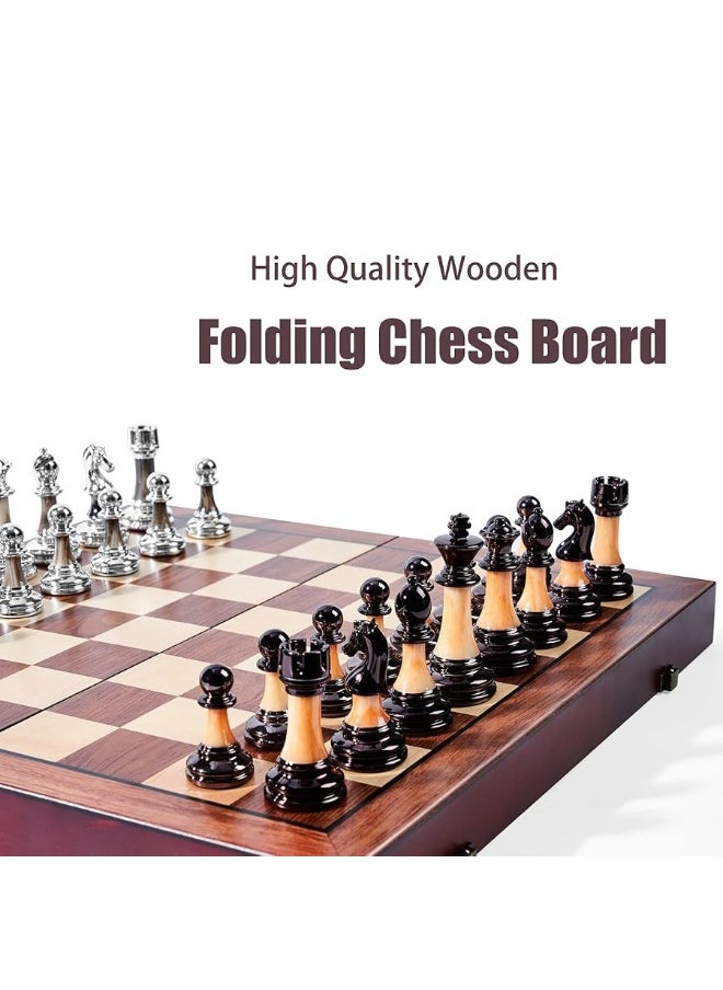 Vamslove Chess Set Large 16''/42cm Folding Wooden Board with Deluxe Weighted Acrylic Chess Pieces - 3.5" King with Storage Slots for Adults House Warming Retirement Gift  - Image 2