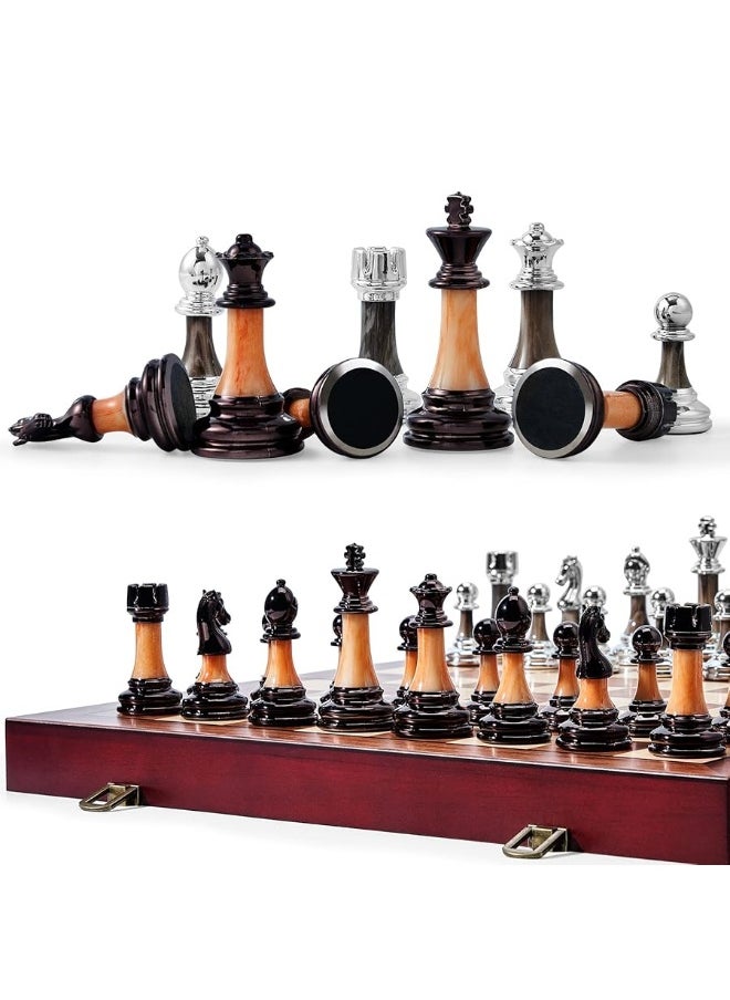 Vamslove Chess Set Large 16''/42cm Folding Wooden Board with Deluxe Weighted Acrylic Chess Pieces - 3.5" King with Storage Slots for Adults House Warming Retirement Gift  - Image 4