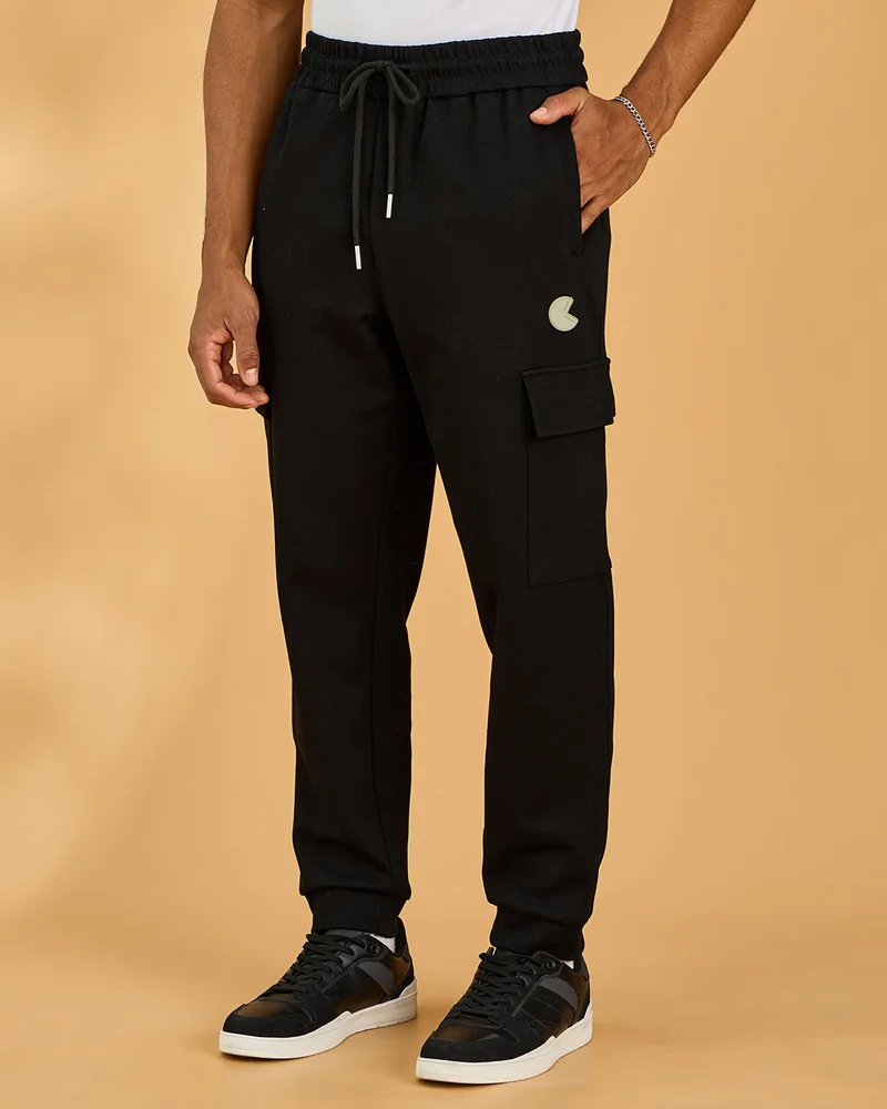 Redtag Men Black Cargo Placement Print Jogger Pants