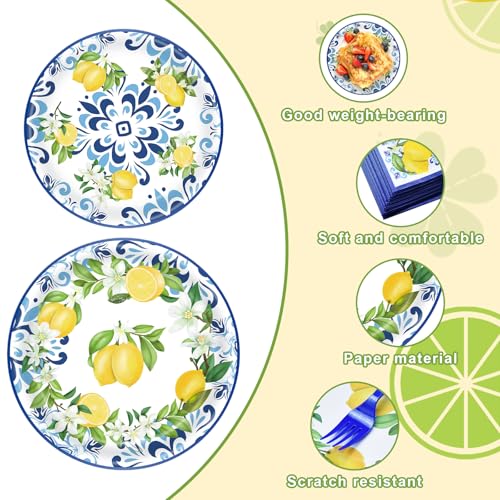 PhyLence 100 Pcs Lemon Tableware Party Supplies – Citrus Theme Blue Tile Disposable Plates, Napkins, and Blue Forks for Summer Parties, Picnics, BBQ, Brunch, Weddings, Birthdays, and Baby Showers – Serves 25 - Image 3