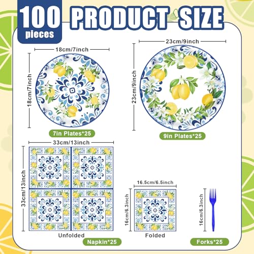 PhyLence 100 Pcs Lemon Tableware Party Supplies – Citrus Theme Blue Tile Disposable Plates, Napkins, and Blue Forks for Summer Parties, Picnics, BBQ, Brunch, Weddings, Birthdays, and Baby Showers – Serves 25 - Image 2