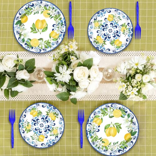 PhyLence 100 Pcs Lemon Tableware Party Supplies – Citrus Theme Blue Tile Disposable Plates, Napkins, and Blue Forks for Summer Parties, Picnics, BBQ, Brunch, Weddings, Birthdays, and Baby Showers – Serves 25 - Image 4