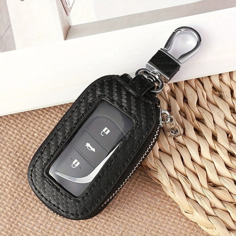 Unisex Microfiber Carbon Fiber PU Leather Leopard Print Open Window Key Pouch with Button Closure Protective Cover for All Car Keys - Image 1