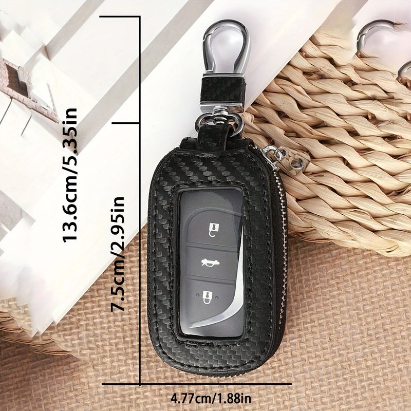 Unisex Microfiber Carbon Fiber PU Leather Leopard Print Open Window Key Pouch with Button Closure Protective Cover for All Car Keys - Image 2