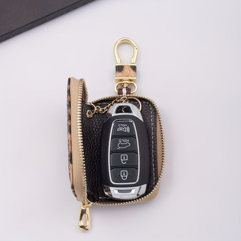 Unisex Microfiber Carbon Fiber PU Leather Leopard Print Open Window Key Pouch with Button Closure Protective Cover for All Car Keys - Image 5