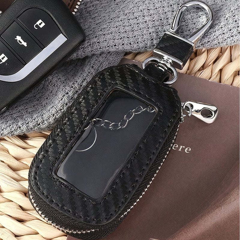 Unisex Microfiber Carbon Fiber PU Leather Leopard Print Open Window Key Pouch with Button Closure Protective Cover for All Car Keys - Image 4