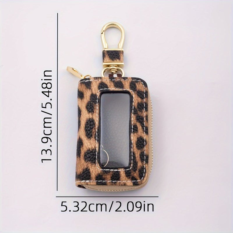 Unisex Microfiber Carbon Fiber PU Leather Leopard Print Open Window Key Pouch with Button Closure Protective Cover for All Car Keys - Image 3