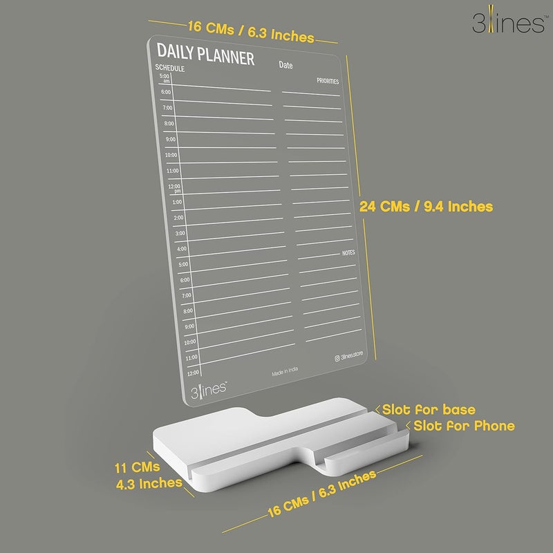 3 Lines Clarity+ 'Daily Planner Schedule' Acrylic Board for Desk (24x16 CM)| Best Planner & Organiser | White Acrylic Base With Slot for Phone| With 2 Markers & Cleaning Fabric |Regular Size - Image 3