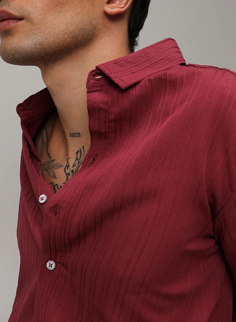 كامبوس سوترا Men's Blush Red Self-Design Striped Shirt