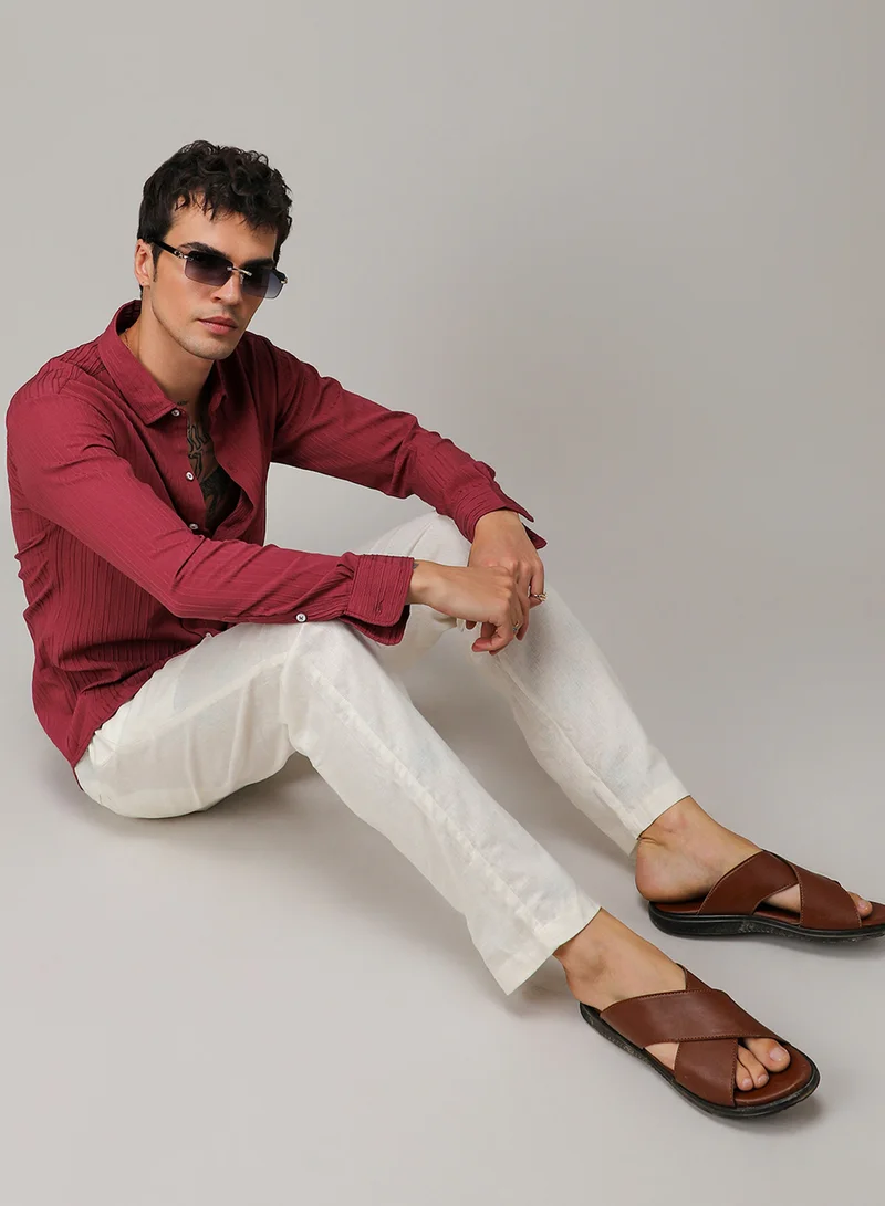 كامبوس سوترا Men's Blush Red Self-Design Striped Shirt