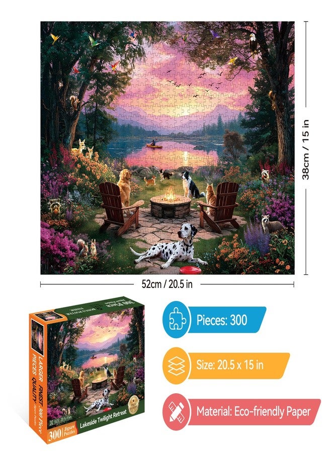 EIYRURU 300 Piece Puzzles for Adults, 300 Piece Puzzles for Adults Large Piece, Lake Sunset Dogs Campfire Jigsaw Puzzle Funny Gift for Adult Kids Challenging Family Games Toy, 20.5 X 15 in - Image 2