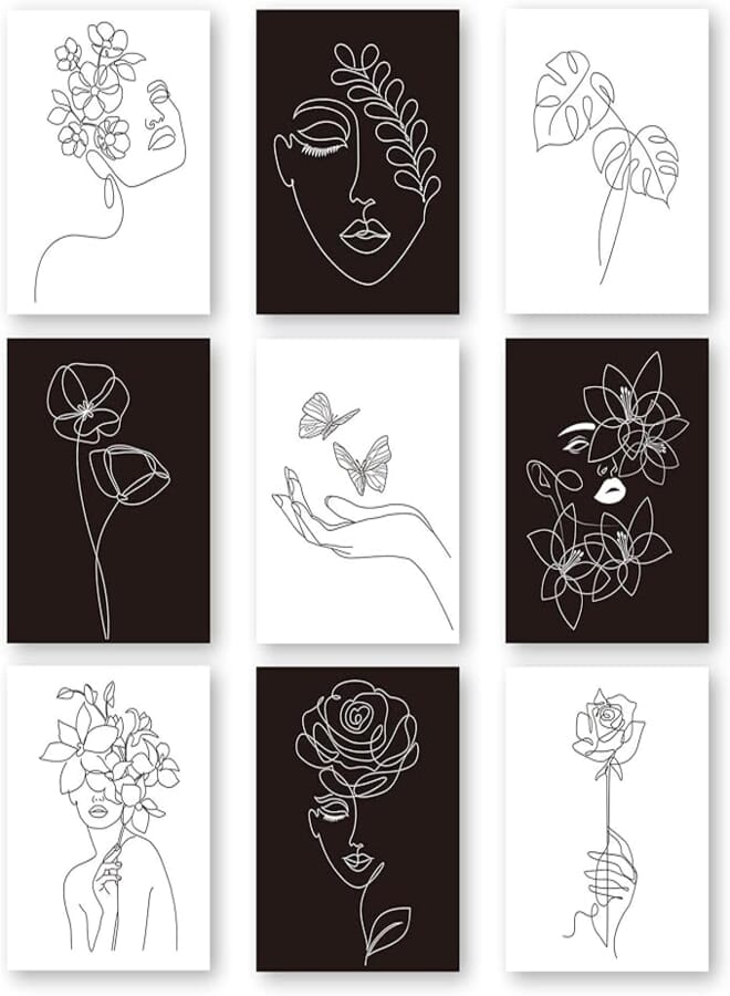 Outus 9 Sets Aesthetic Wall Art Abstract Minimalist Line Black White Prints Art Posters Female Face with Flower Art Drawing Paintings for Wall Decor, 8 x 10 inch