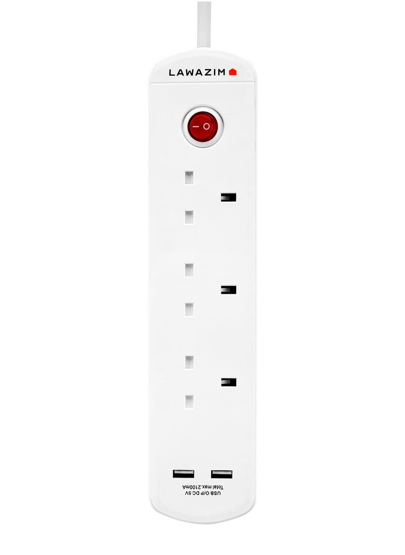 LAWAZIM - Heavy duty 3 Way Extension Cable with on/off buttons & 2 USB Port | 5 Meters | 2990W - Image 1