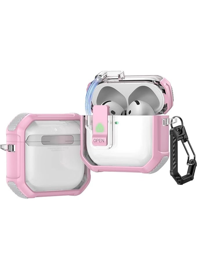 Compatible with AirPods 4 Case (2024) Cover with Lock, Clip Airpods 4th Generation Case 2024 Men Women, Shockproof Protective Hard Shell with Carabiner (Pink)