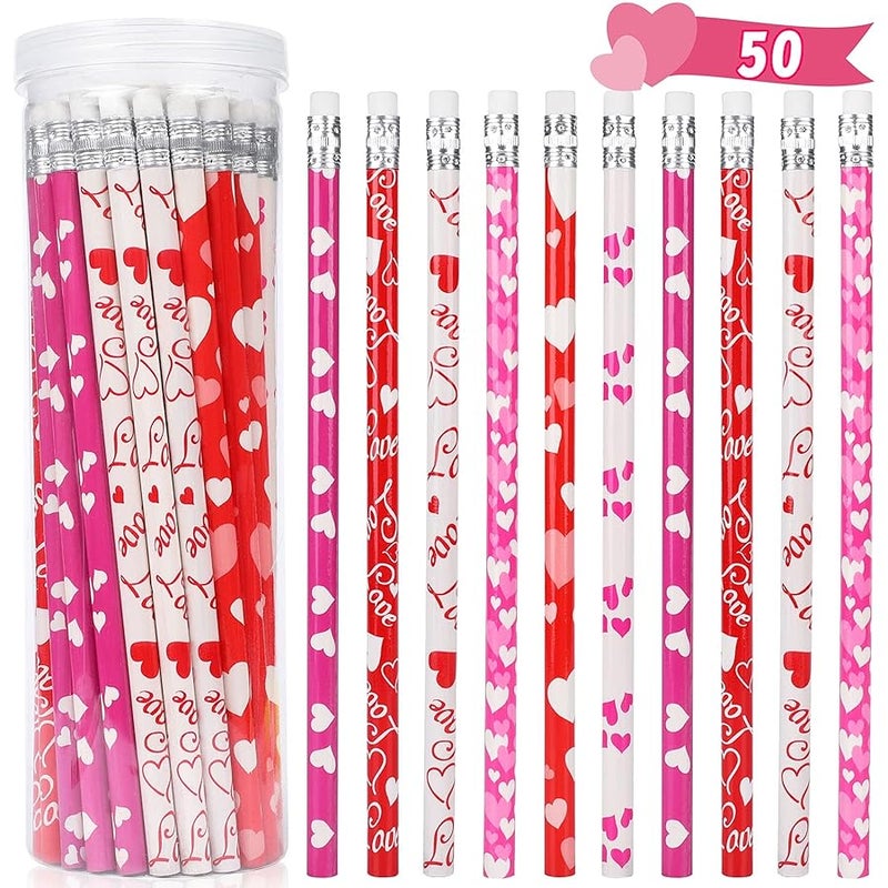 HINZER 50Pcs Valentines Day Pencils for Kids Party Favors Valentines Wood Pencils Bulk with Erasers for Goodie Bags Fillers Valentine's Day Exchange Gifts Giveaways Classroom Rewards School Supplies - Image 1